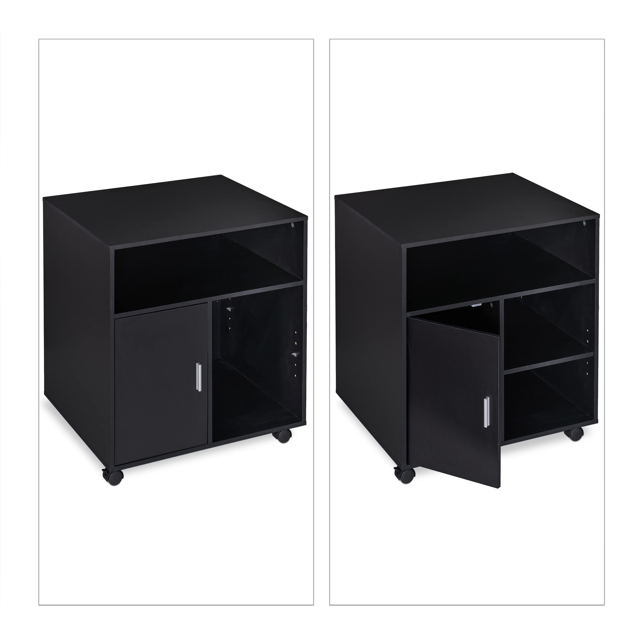 Relaxdays Carrello Porta Stampante, 5 Scomparti e Anta, per Ufficio, Mobiletto con Ruote, HxLxP 66,5 x 60 x 50 cm, Nero