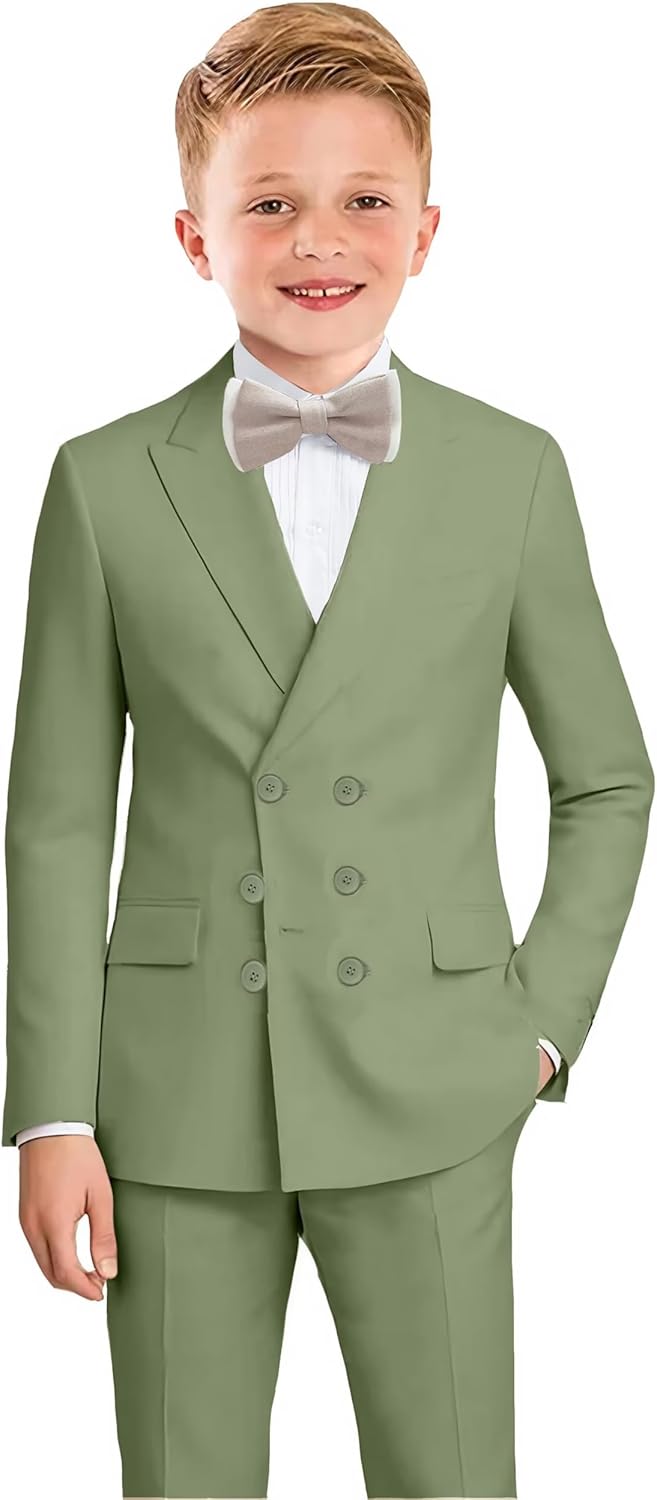 Boys Suit Formal 4 Piece Double Breasted Tuxedo Suits Slim Fit Kids Wedding Outfit Blazer Vest Pants Bow Tie Set