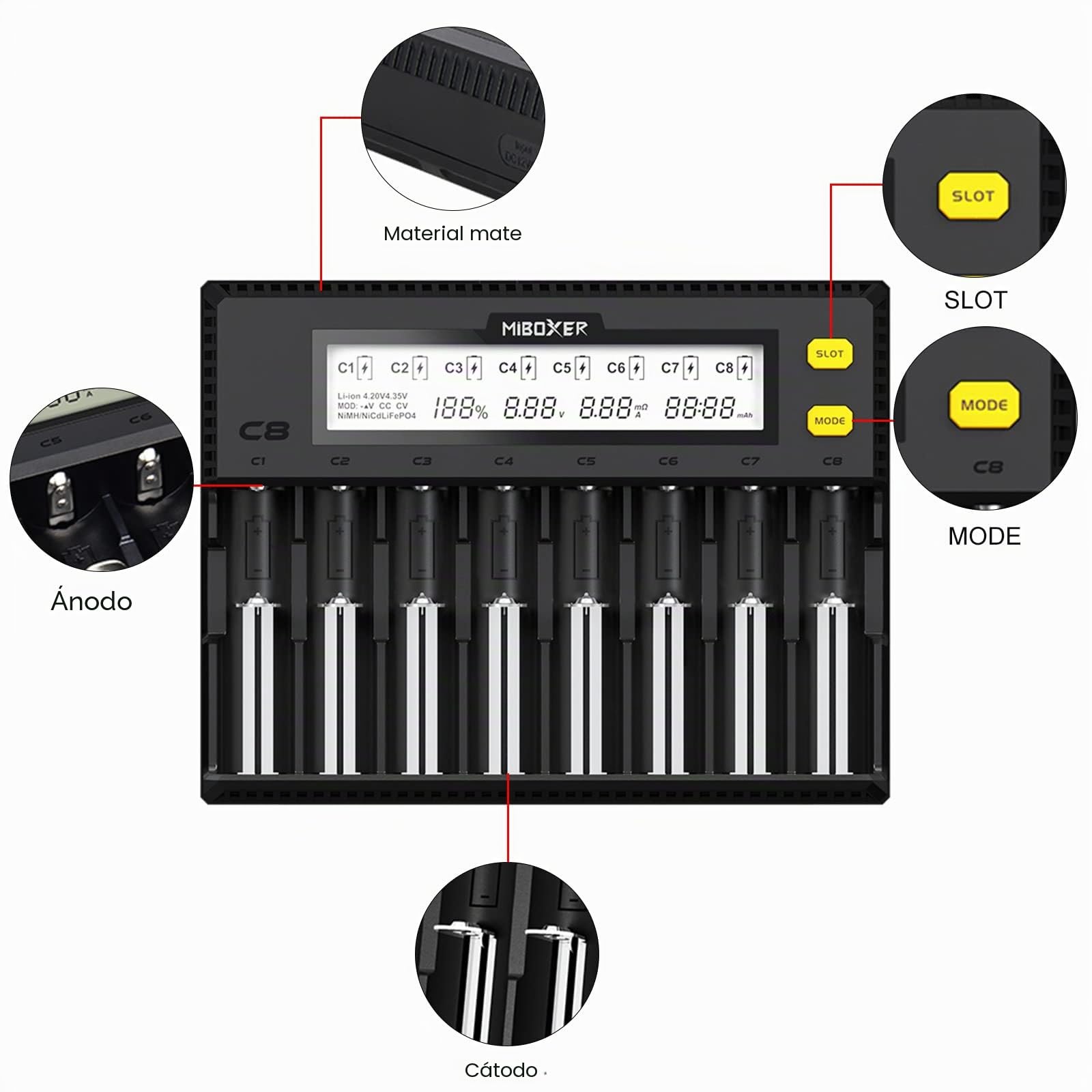 18650 - Cargador de batería universal con pantalla LCD para baterías NI-MH, NI-Cd, AA, AAA, 14500, 18350, 21700, 26650, Li-Ion LiFePO4, RCR123A (8 ranuras)