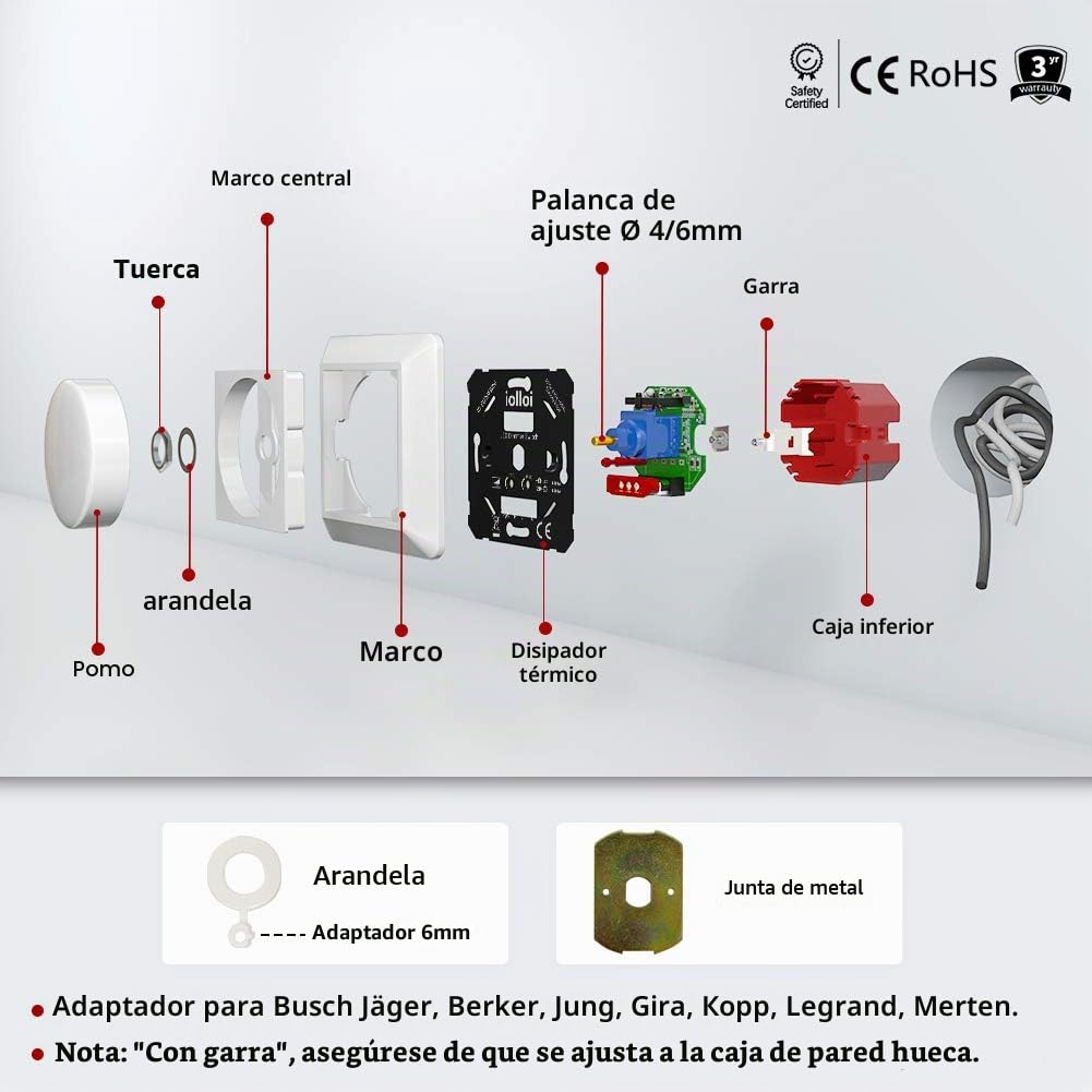 interruptor regulador de luz, encendido/apagado giratorio LED atenuador interruptor para Regulable LED/incandescente/bombillas halógenas, 2 vías, 3-150W (1-10 LEDs)