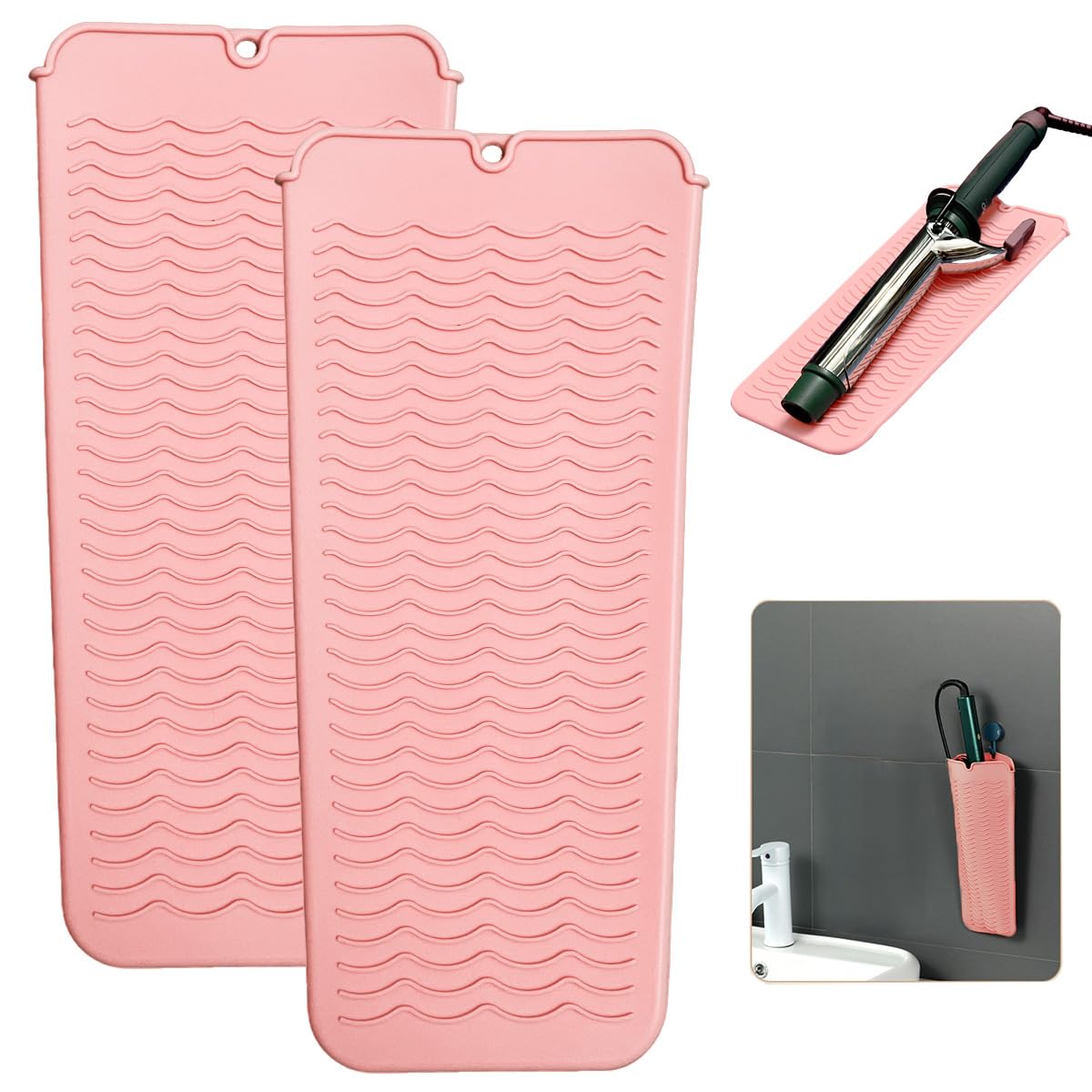 2 Heat Resistant Silicone Mat with Hanging Hole Style, Straightener Heat Resistant Travel Mat & Pouch For Curling Iron, Hair Straightener, Flat Iron and Other Hot Hair Styling Tools, 11X8 Inches, Pink