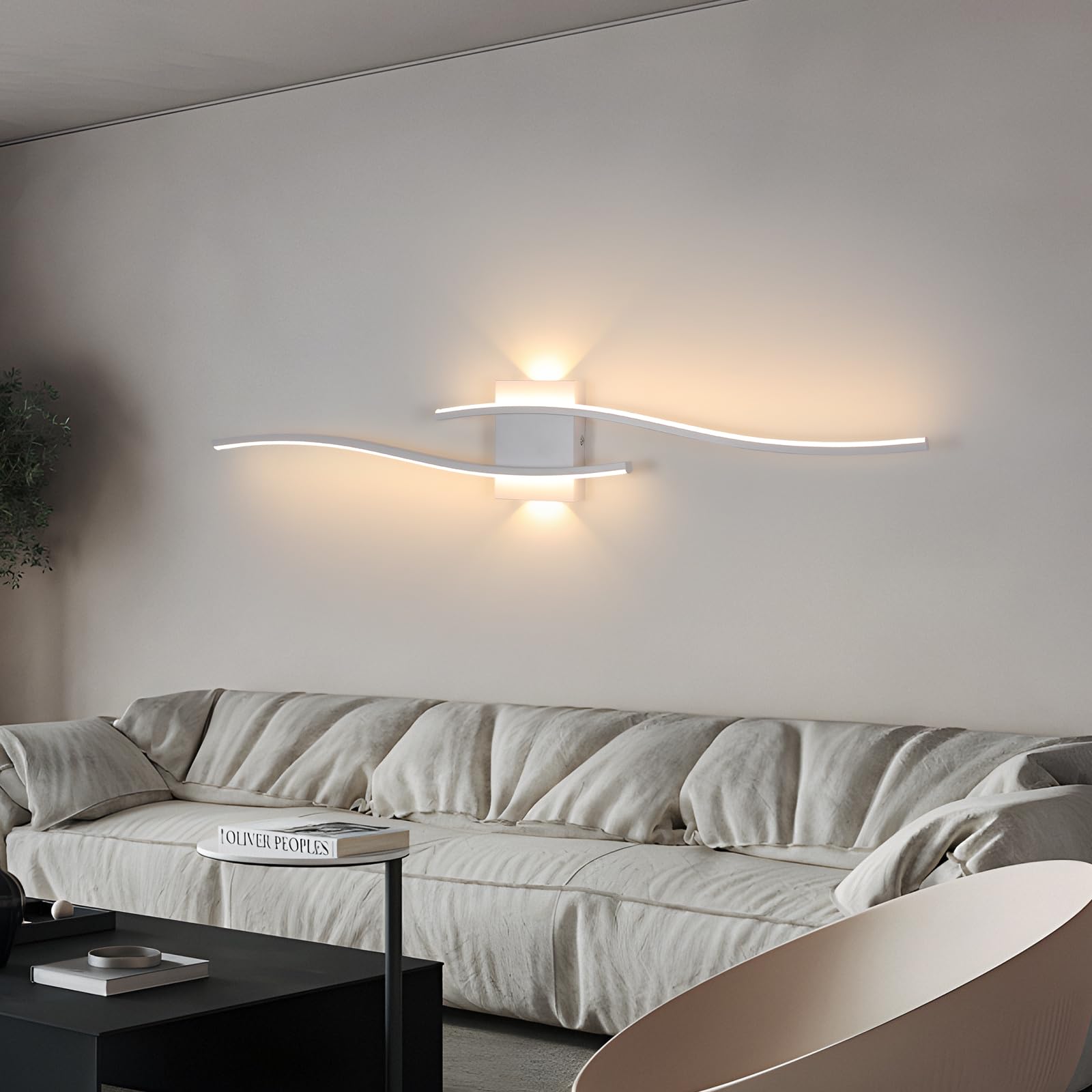 DELIPOP Lámpara de Pared Moderna LED, 27W Blanco Aplique de Pared con Forma Curva, Luz Cálida 3000K Iluminación Interior para Dormitorio Salón Pasillo Oficina