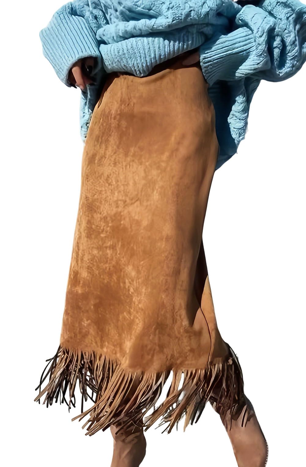 CHARTOU Women Faux Suede Fringe Skirt High Waisted Tassel Country Concert Outfits Long Pencil Skirt