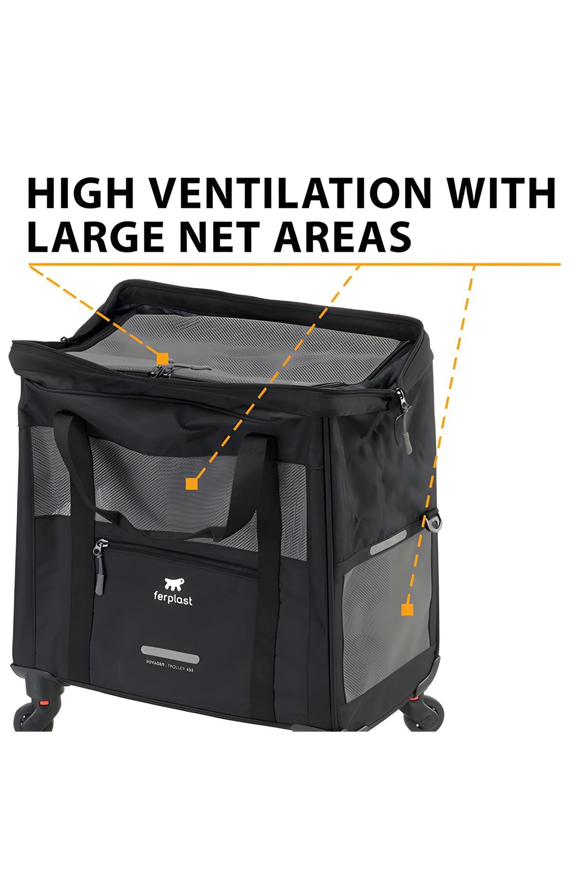 Ferplast VOYAGER TROLLEY KOT Transporter transporter dla psa, wysuwany uchwyt, regulowane paski, szeroki otwór, zdejmowane koła, maks. 15 kg, 46 x 26 x 48 h, czarny