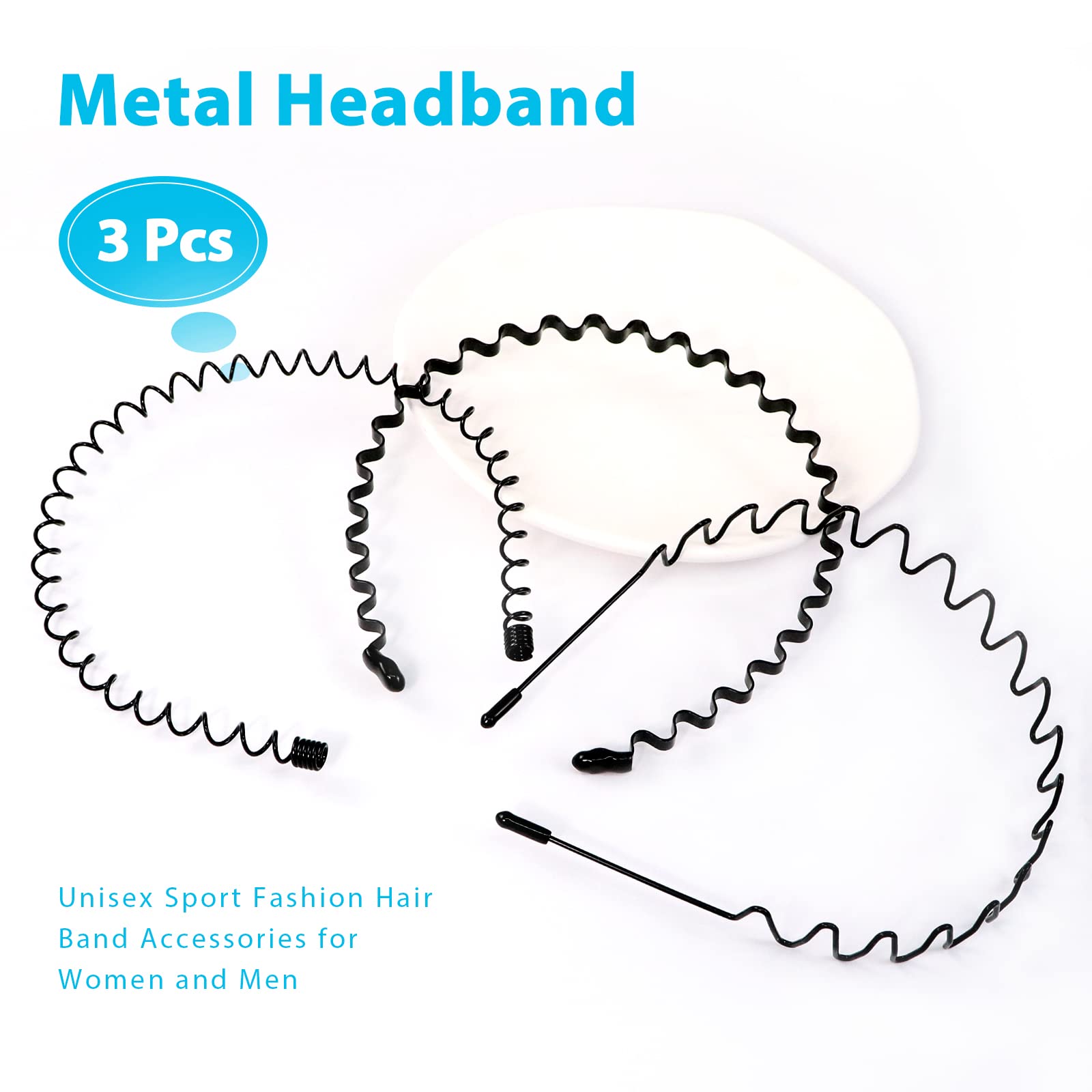 Hanyousheng 3 Pezzi Cerchietto per Capelli in Metallo, Cerchietto Fasce per Capelli Fascia Ondulata Nero, Multiplo Stile Antiscivolo Cerchietto, Adatto per Sport, Yoga, Trucco