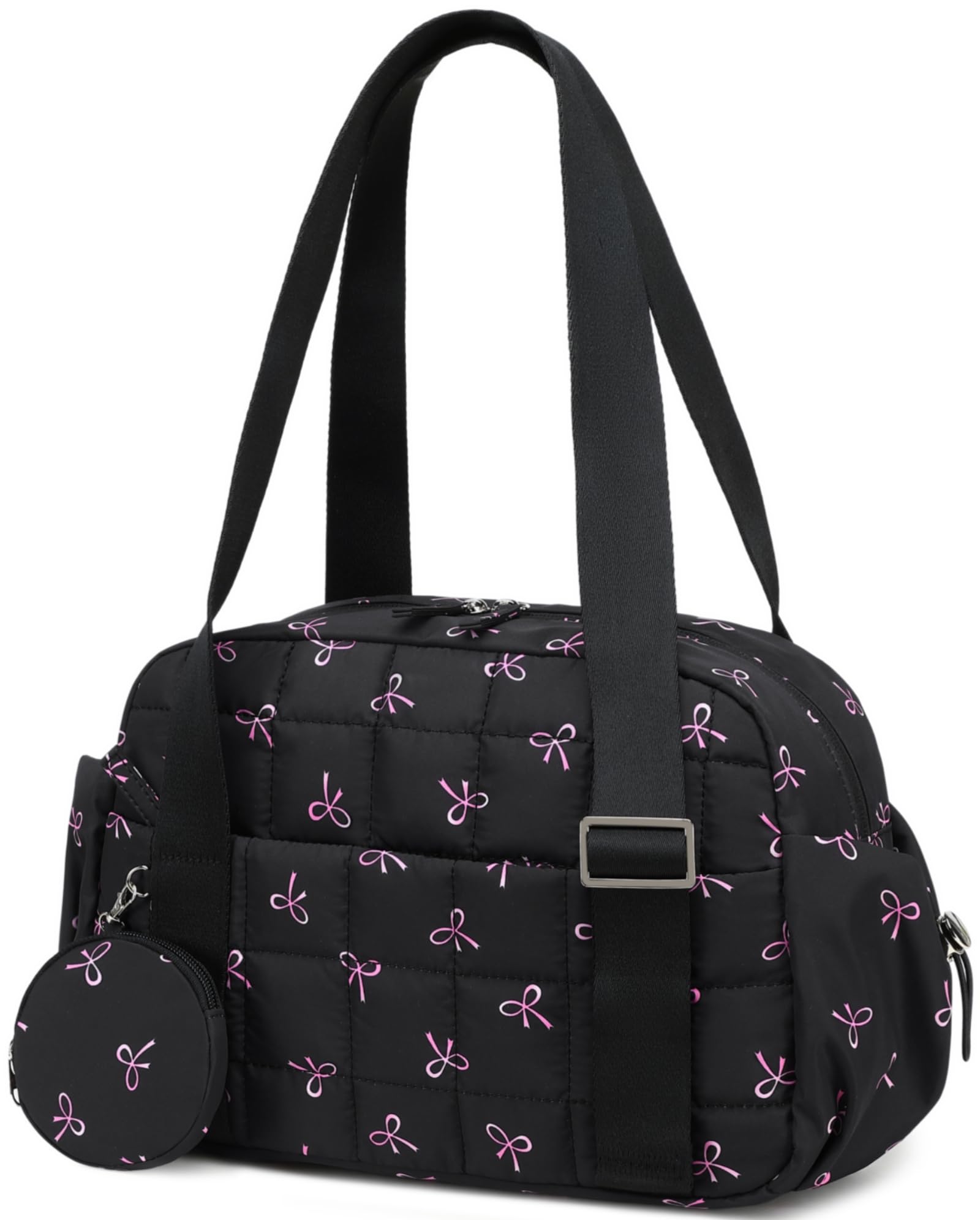 CAMTOP Mini Gym Bag for Women, Small Gym Tote Bag Puffy Quilted Sports Duffel Bag with Wet Compartment and Coin Purse Duffel Bags Dance Yoga Workout Bag for Gifts, Black Pink Bow, Mini-12.6", Tote