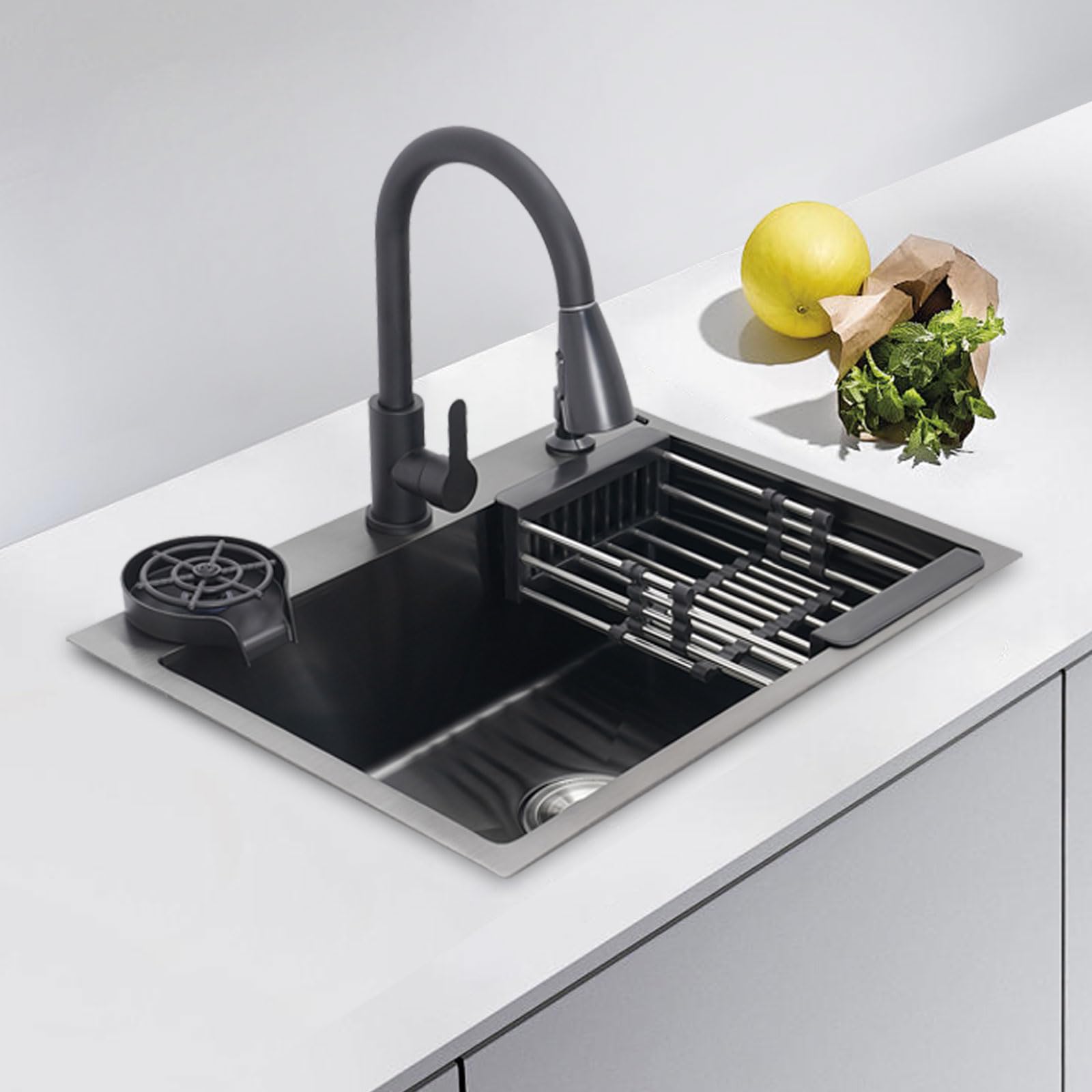 Schwarze Küchenspüle 60x45x20 cm,Spülbecken Edelstahl Edelstahl-Arbeitsplatzspüle 1 Becken,Spüle Küche mit Abflusskorb + Seifenspender + Ausziehbar Hahnloch