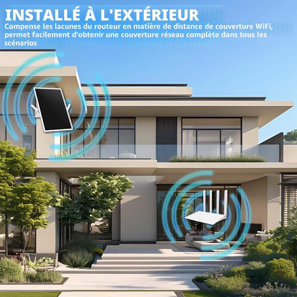 Repeteur WiFi Solaire Batterie Exterieur sans Fil, Puissant Amplificateur WiFi Couvre100-mètres, Outdoor répéteur WiFi Extender 2.4Ghz 300Mbps, Idéal pour Les Grands Espaces éloignés (14in)