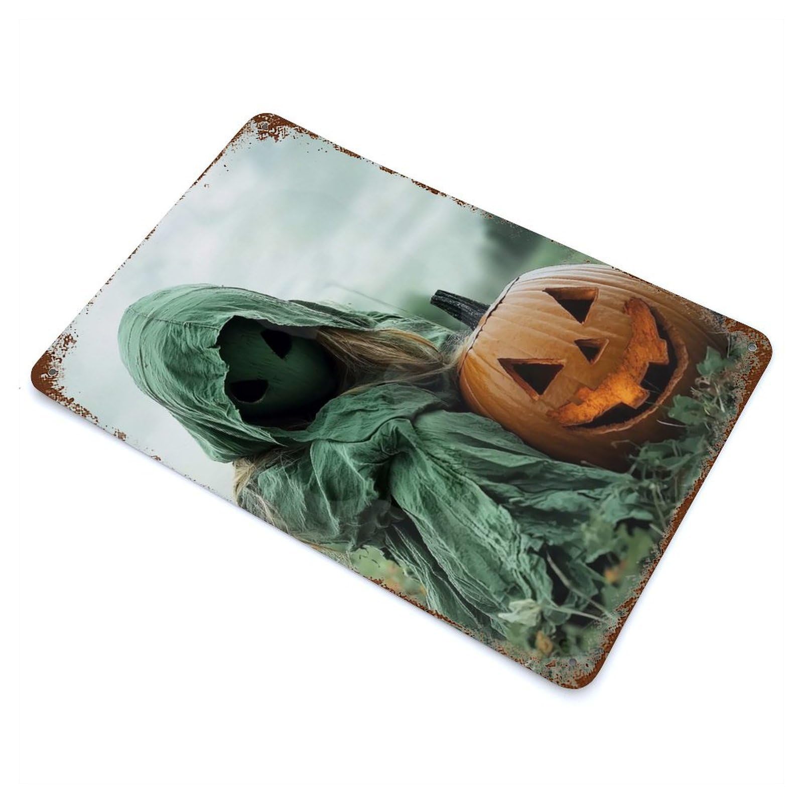 Distressed Metal Wall Sign Halloween Alien with Pumpkin 11.8"x7.9", Retro Wall Decor for Basement, Hobby Room And Garage Decor