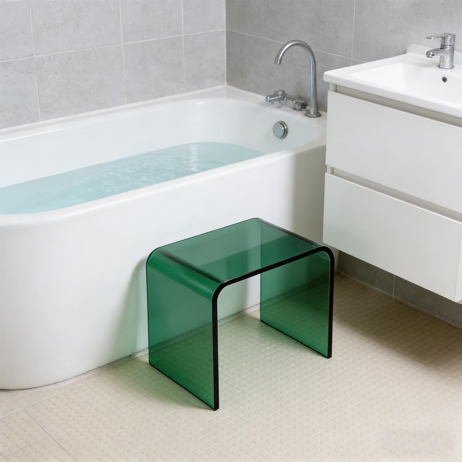 Taburete de acrílico antideslizante para ducha, moderno para el hogar, baño y oficina, estable y versátil, para niños y adultos (verde)