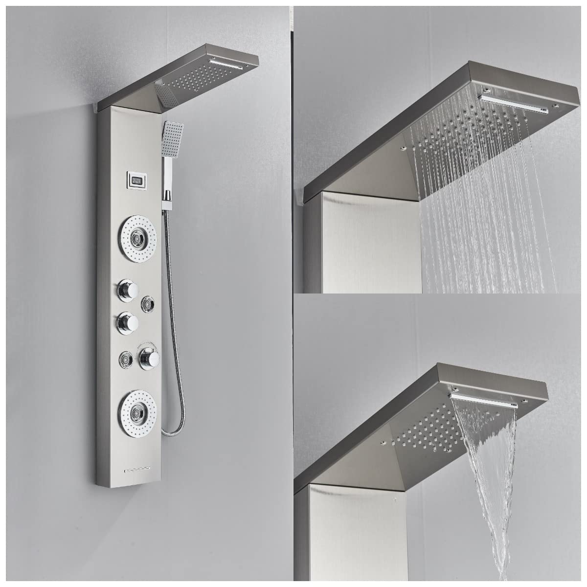 Columna de Ducha con Pantalla LCD, Sistema de Panel de Hidromasaje 3 en 1, Cabezal de Lluvia Grande, Masaje Corporal, Acero Inoxidable Cepillado
