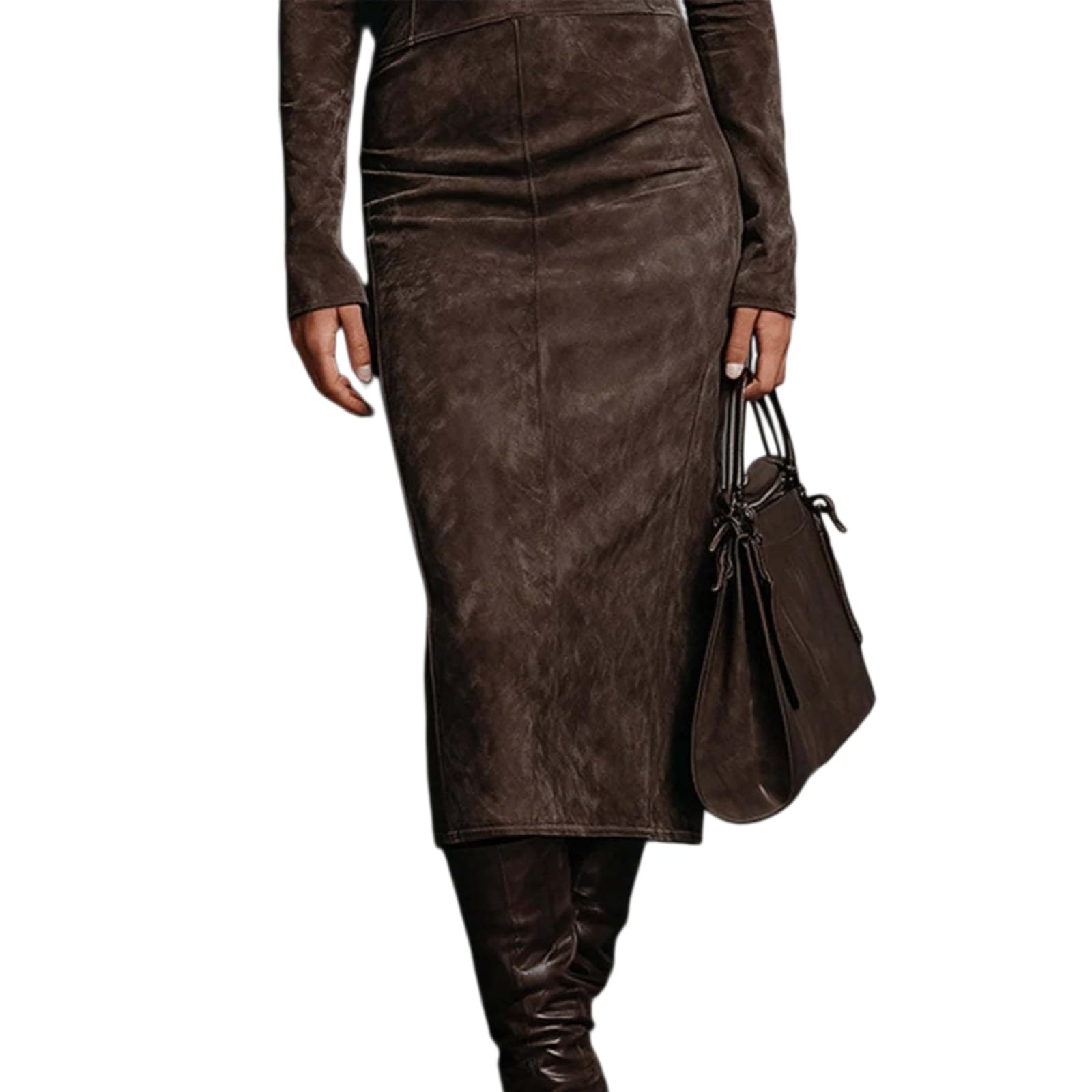 Vestito Donne Slim Fit Midi Abito, Mezzo Alto Collo Manica Lunga Abito Elegante Moda Festa Primavera Autunno-Dark Brown-l