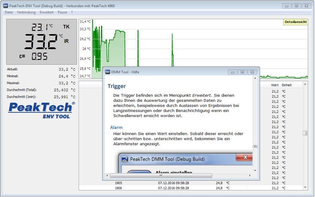 PeakTech P 4960 Profi IR-Thermometer mit Datenlogger für -50°C … 1200 °C ; mit USB und Dual Laser - hohe Genauigkeit und Dauermessfunktion und Power über USB, 1 Stück