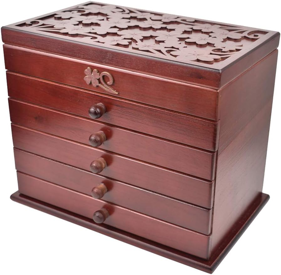 Six Layer Carvings Hollow Wooden Jewellery Box Large Jewellery Box for Women Jewellery Case Jewellery Storage Organizer with Mirror