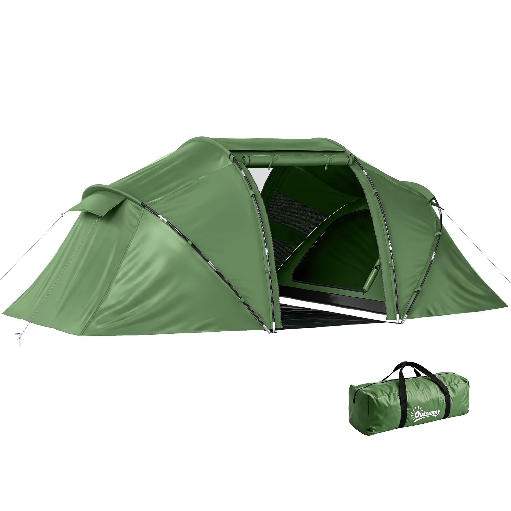 Outsunny 4 Man Camping Tent, UV Protection Tunnel Tent with 2 Bedrooms and Living Area, Large Hiking Sun Shelter, 430 x 240 x 170 cm, Dark Green โ image 1