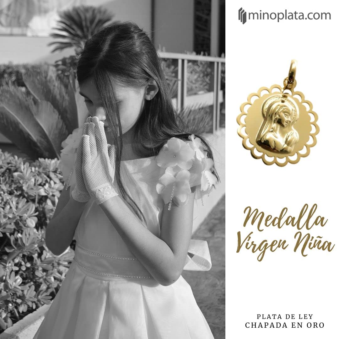 Medalla Virgen Niña 19mm en Plata de ley chapada dorada | Primera Comunión