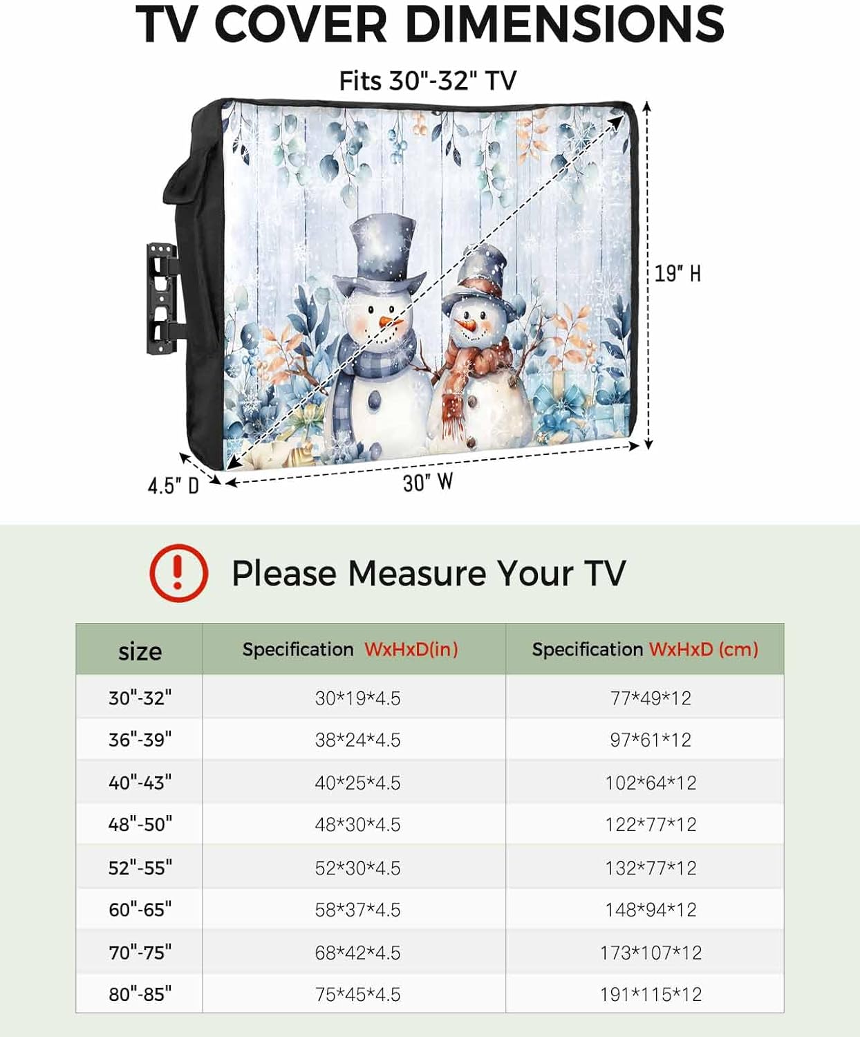 Outdoor TV Cover - Blue Christmas Snowman Gift Flower Holly Eucalyptus Wood Grain Waterproof and Weatherproof 30"-32" LCD Movable Shield TV Display Screen Protector Outside Television Covers