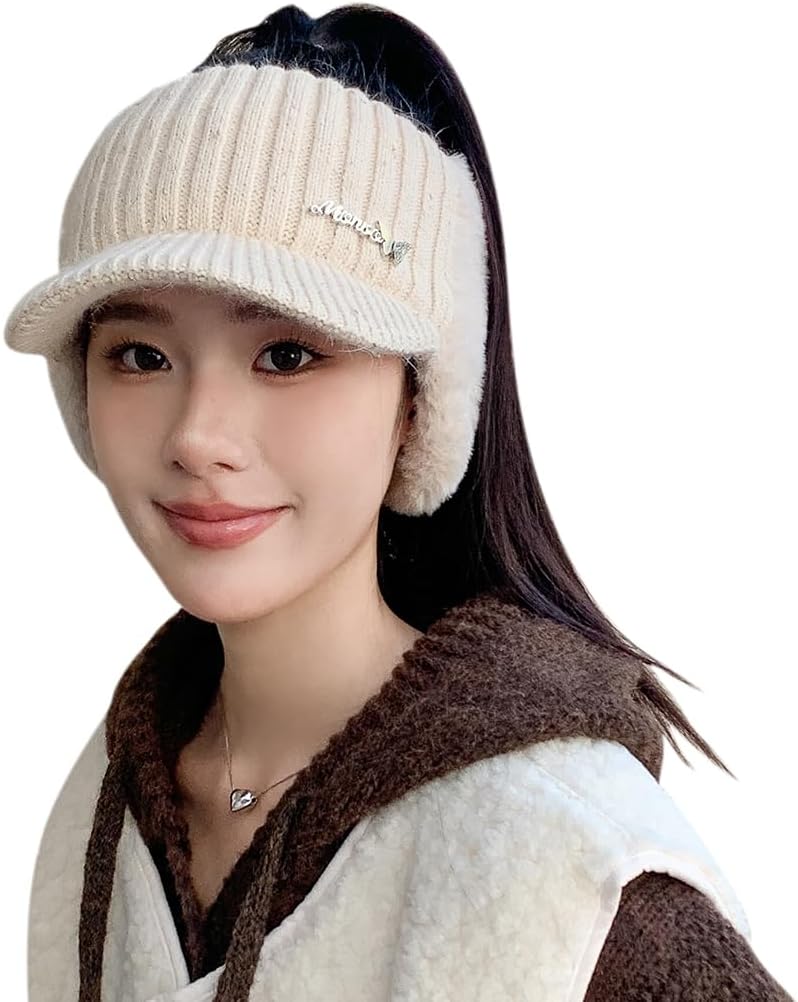 Open Beanie with Earflap Visor Brim Bill Winter Golf Driving Ponytail Hats Women - Image 2