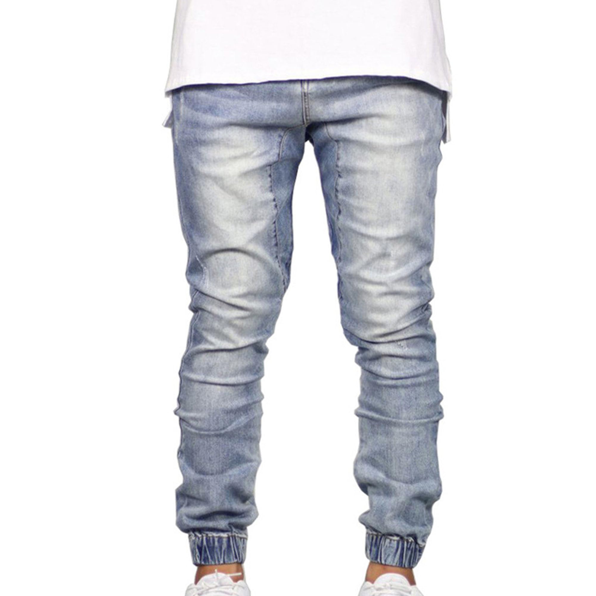 JEKE-DG Mens Washed Tapered Leg Jeans Distressed Skinny Stretch Denim Pants Slim Fit Casual Sweatpants with Pocket (38,Light Blue 1)
