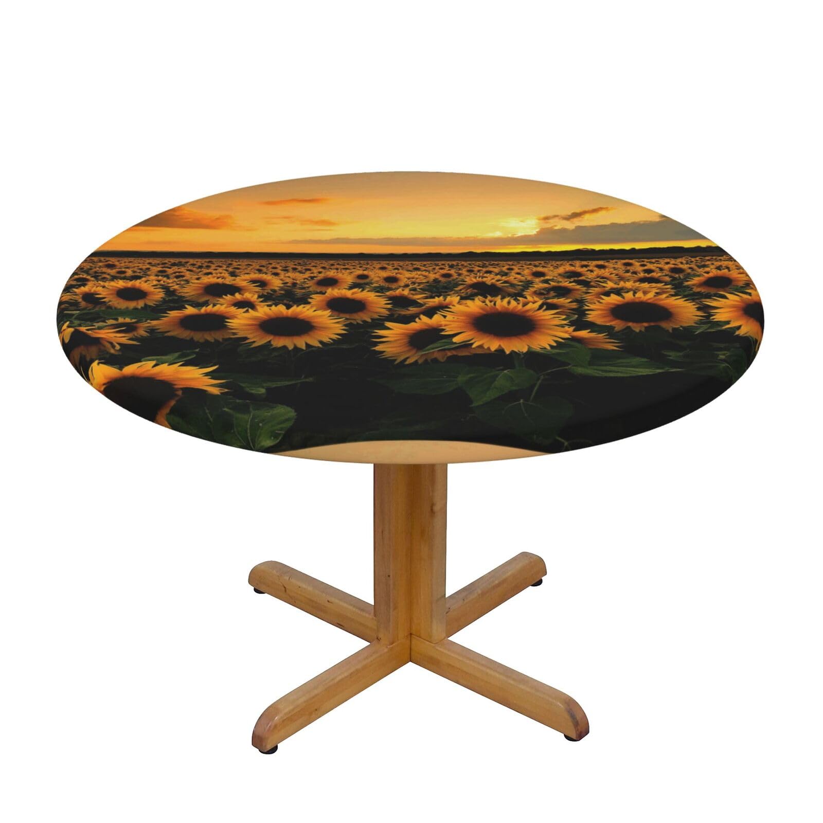 Ffshkowe Sunflowers Sea Elastic Round Tablecloth Oil Proof Table Cover For Dining Party Picnic
