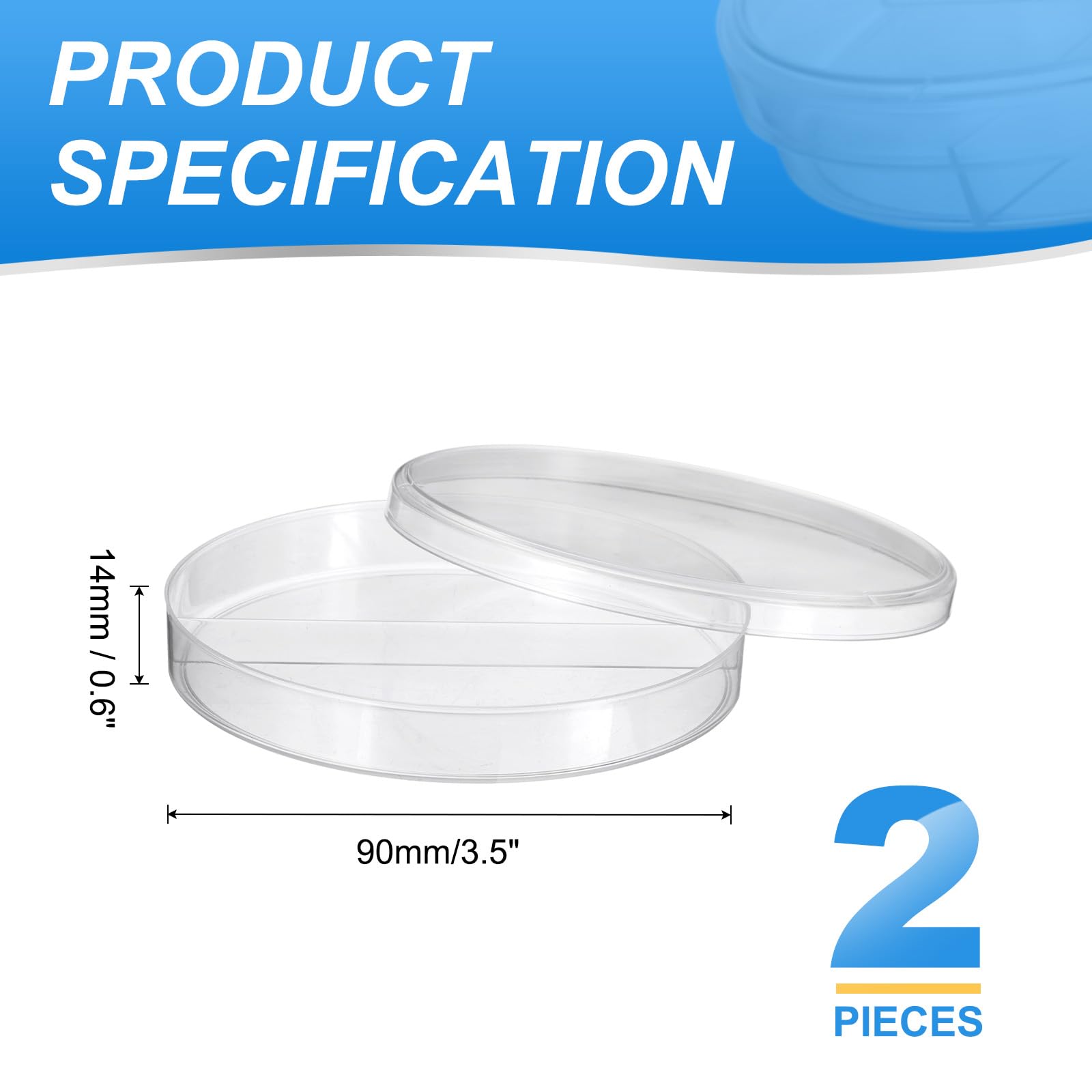 PATIKIL 2 Pack 90mm/3.5 Inch Plastic Petri Dishes with Lids, 2 Compartments Culture Dish Tissue Culture Plate for Lab Science Experiments, Clear