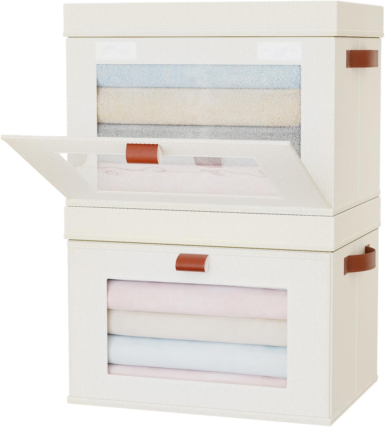 Large Storage Bins with Lids,Stackable&Collapsible Closet Storage Bins,Oxford Fabric Organizer Box with Clear Window,Large Decorative Storage Boxes for Shelves,Wardrobe,Living Room(Beige)