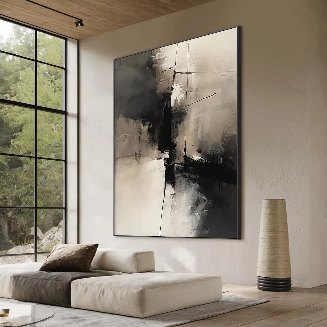 Uudezo With Black Frame Large Framed Neutral Abstract Wall Art For Living Room, Black And Beige Modern Canvas Prints Artwork For Walls Decor(80X100cm(31X39inch)/With Black Frame)