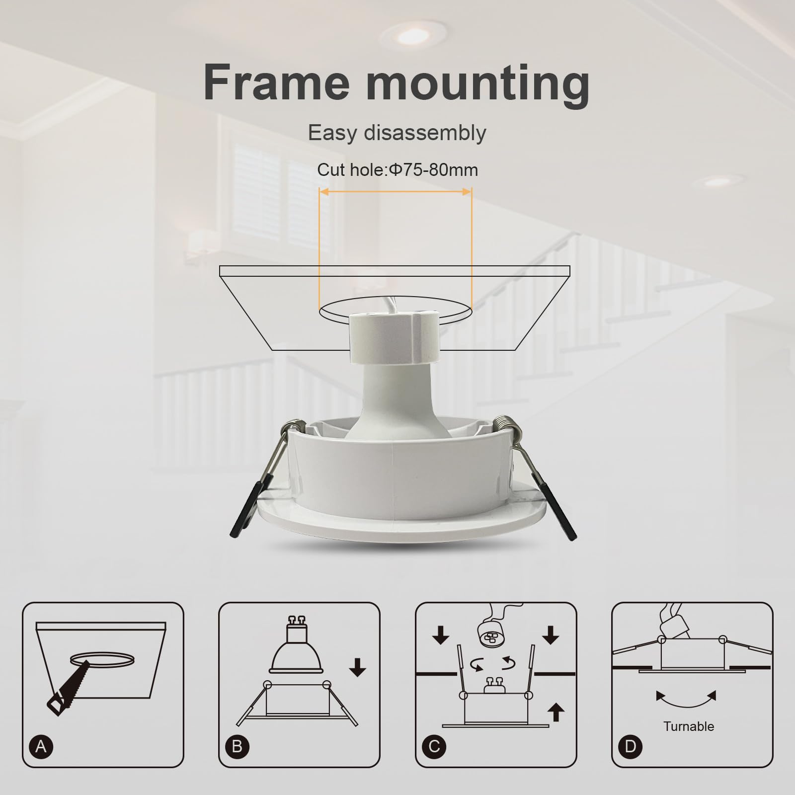 12x GY Recessed Spotlight GU10 Socket, LED GU10 recessed Frame Ceiling spot White Round, Socket for MR16 LED Bulbs - Image 3