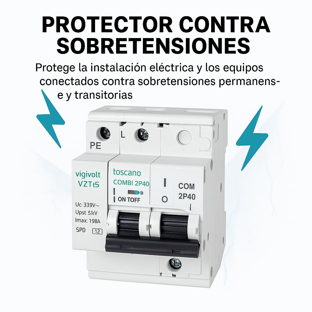 Rasmacor | Tóscano Protector Sobretensiones Transitorias y Permanentes 2P 40A COMBI-2P40T15 Toscano | No instalar en líneas sin Neutro 240V | IGA 10kA | Imax 15kA | Montaje en Rail DIN