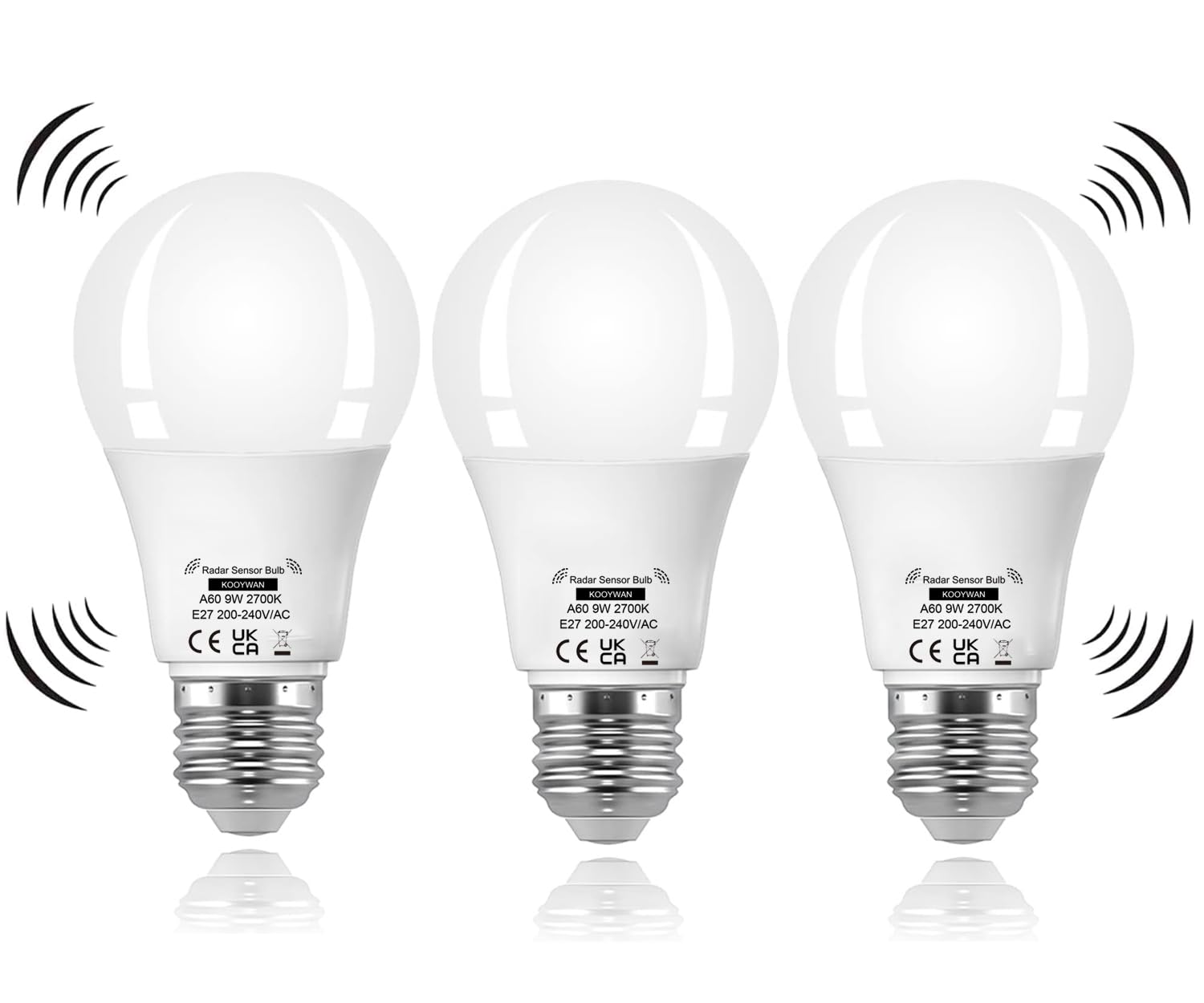 KOOYWAN 9W LED Lampe mit Bewegungsmelder 2700K Warmweiß 3 Stück | Radar- und Lichtsensor. Kein Dauerlicht ohne Bewegung. Gute Wärmeableitung und 25000H Lebensdauer. Für Flur und Garage.