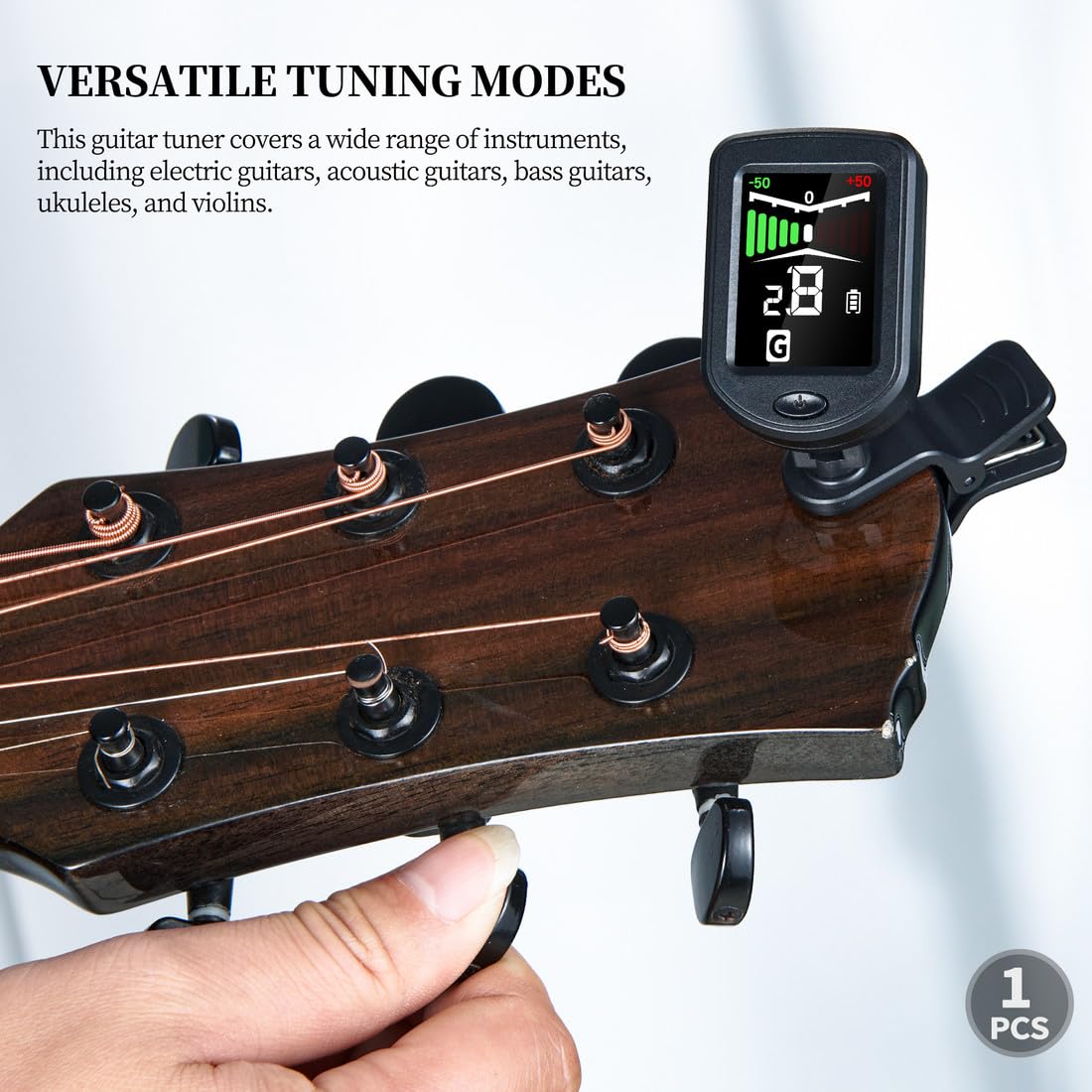 Afinador Clip Cromático Para Guitarra, Bajo, Violín, Ukelele - Pantalla LCD, Batería 3V