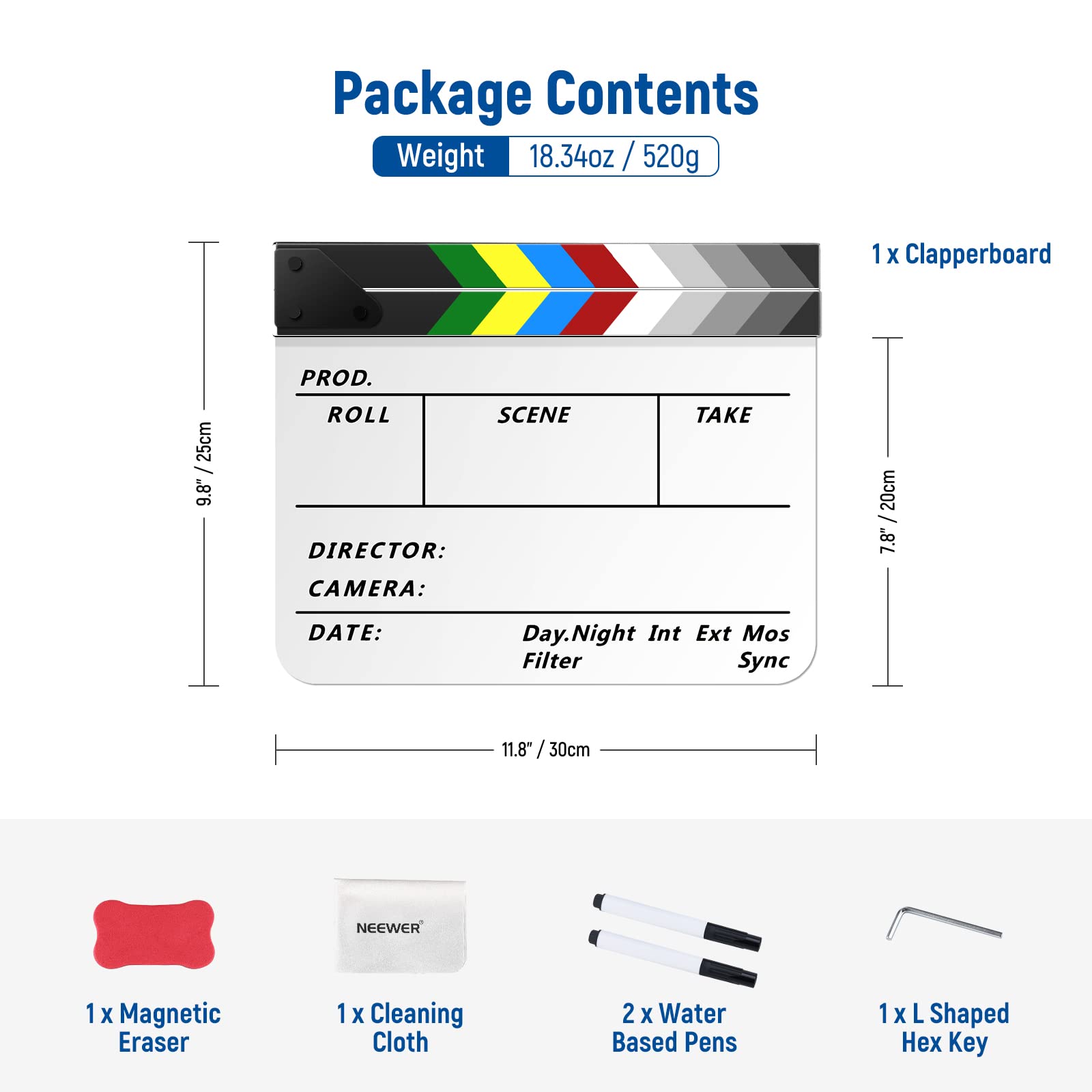NEEWER Kit di battaglione per registi cinematografici in pellicola acrilica, 30,5 x 25,4 cm, in plastica, con magnetica, 2 penne a base d'acqua, un panno per la pulizia e chiave esagonale a