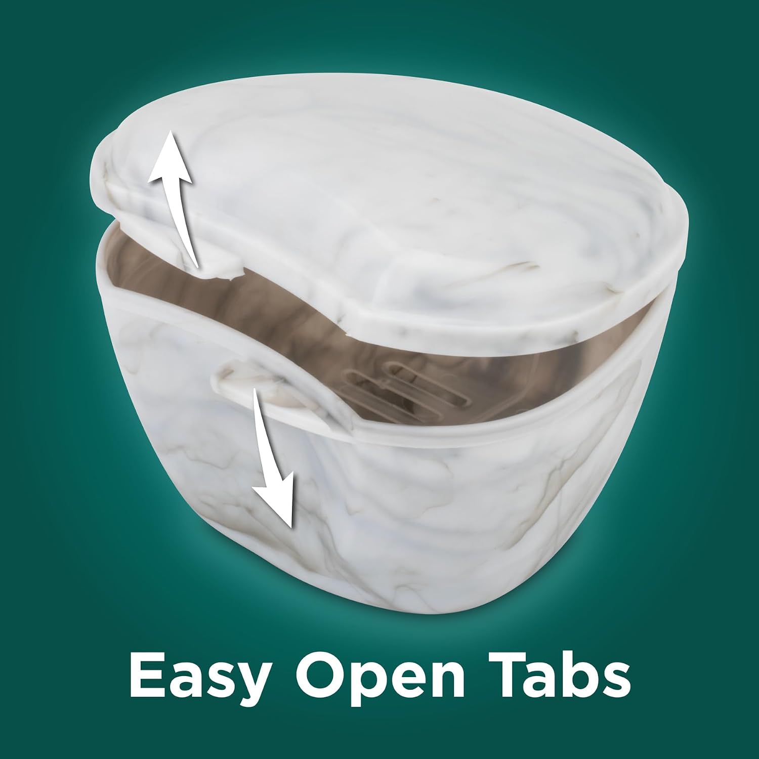 Easy Open Denture Bath & Case, with Strainer Basket for Soaking, Cleaning, and Storage, Two Pack (Marble & Copper)