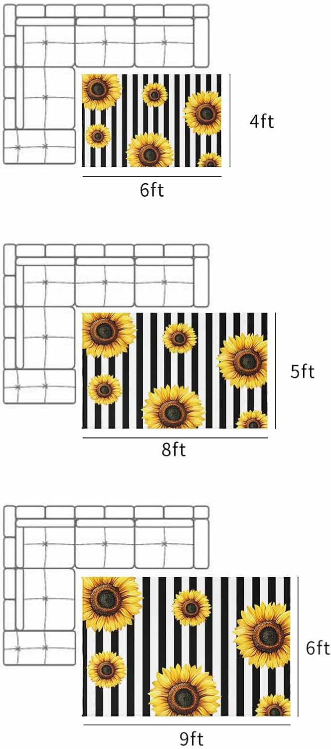Outdoor Rug 4x6 ft Sunflower Black Stripes Outdoor Large Area Rug Non Slip Rubber Pastoral Striped Front Door Mat RV Rug Camping Carpet Patio Outdoor Rugs for Backyard Balcony Deck Porch Indoor