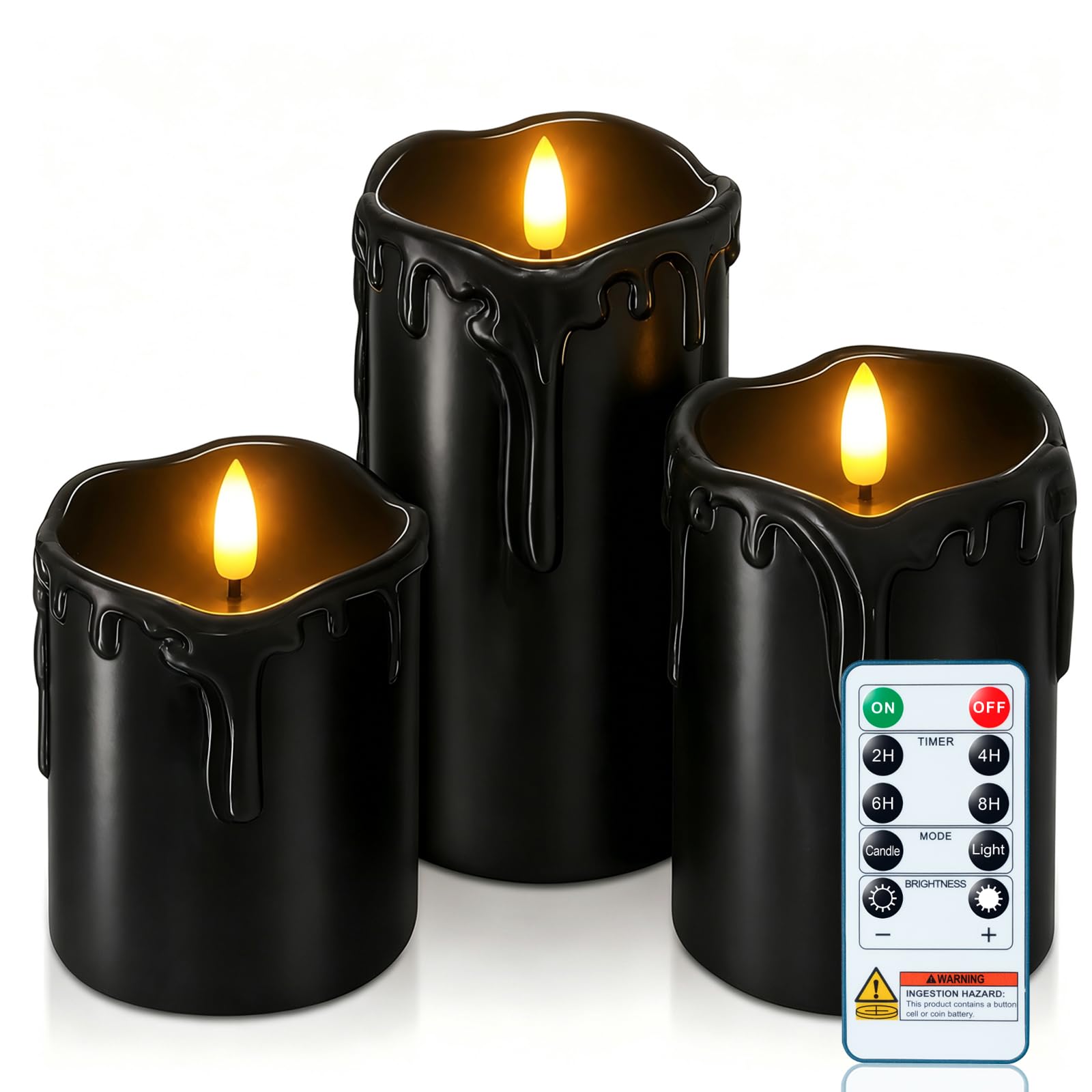 Homemory Black Drip Real Wax Flameless Candles with Remote Timer, Set of 3