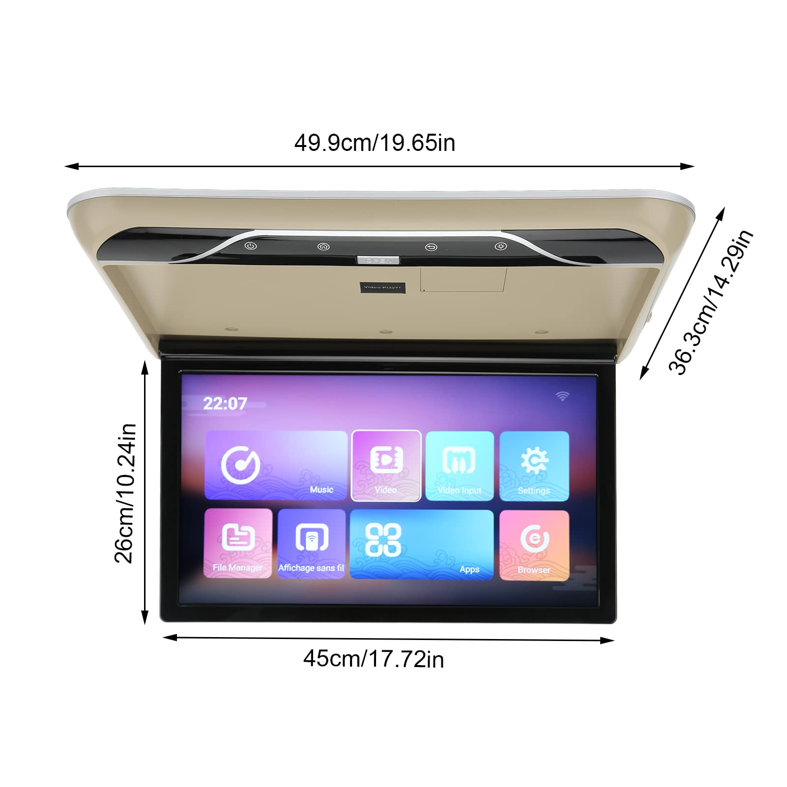 Reproductor Aéreo de Coche de 19 Pulgadas, Pantalla Táctil de Alta Definición, Monitor Abatible hacia Abajo para Montaje en Techo de Coche, Multifunción para Android 9,0