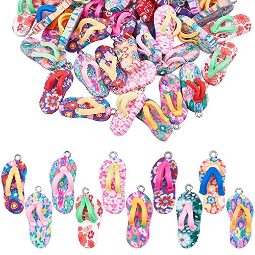 SUNNYCLUE 1 Schachtel 30 Stück Flip-Flop-Anhänger Aus Ton, Anhänger, DIY-Schmuck, Mini-Hausschuhe, Bunte Polymer-Ton-Anhänger Für Frauen, Sommer, Schmuckherstellung, Halskette, Ohrringe, Armband, Bast