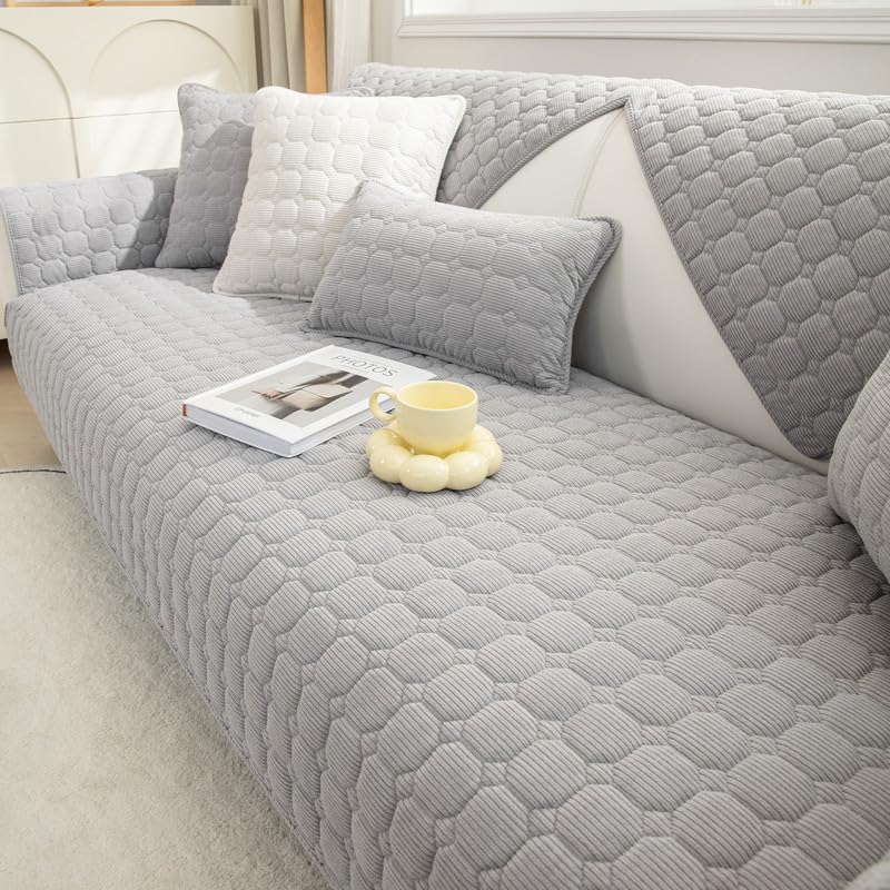 JIAN YA NA Sectional Couch Cover, Corduroy Sofa Slipcover for Pets and Kids, Anti-Slip Washable Furniture Protector for 3-Cushion Couch, Loveseat,
