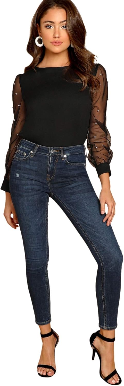 Floerns Women's Pearl Sheer Mesh Long Sleeve Tops Blouse - Image 6