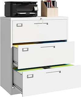 Letaya Lateral 3 Drawer File Cabinets with Lock,Metal Filing Organization Office Cabinets for Home Office Hanging Files Letter/Legal/F4/A4 Size (3 Drawer-White)