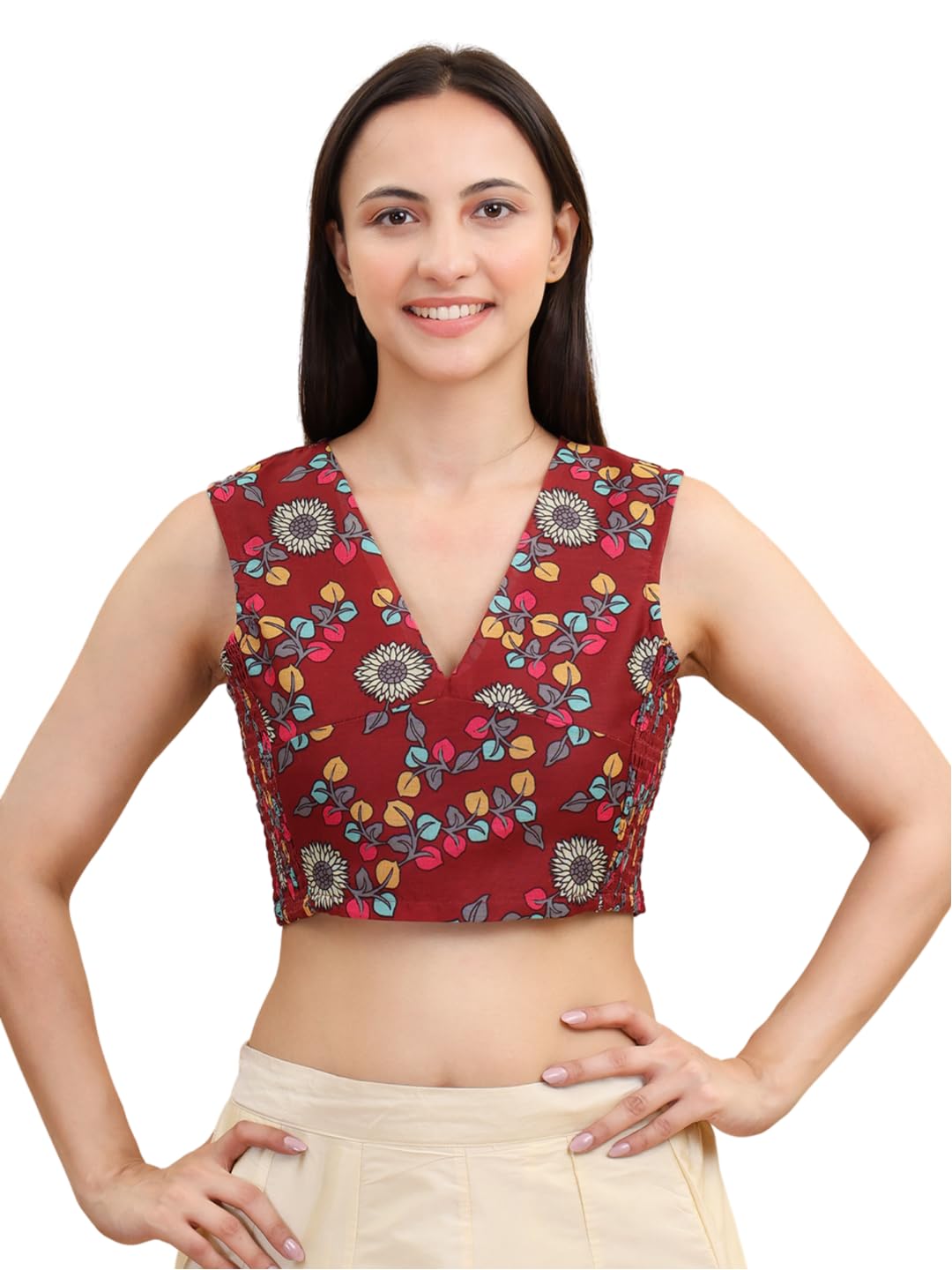 Frolic Rolic Maroon Silk Blend Kalamkari Print Smoking Details V-Neck Blouse-image-4