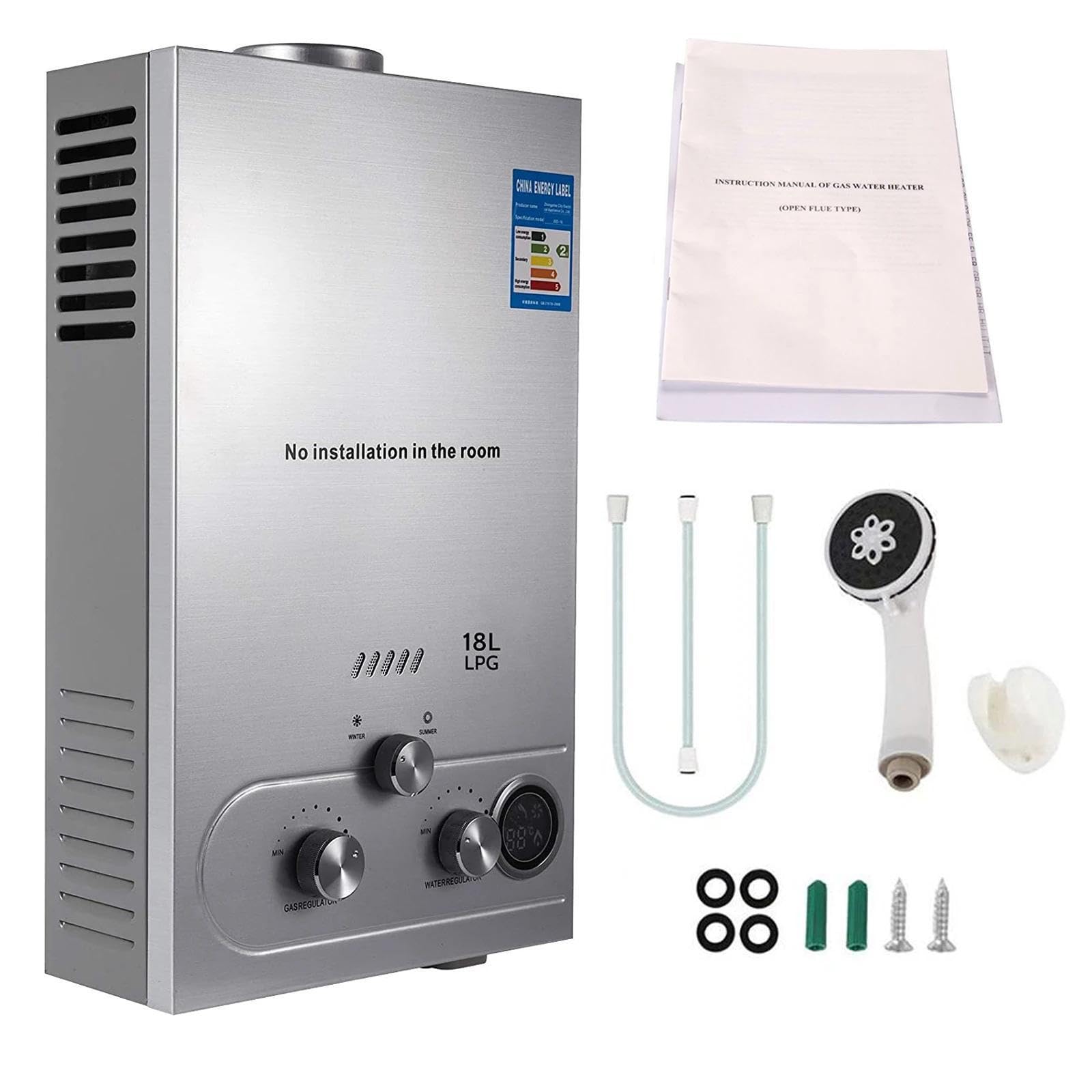 Chauffe-eau gaz Instantané LPG 7L, 14KW Instant Gas Water Heater, Débit 7L/min, Kit Douche Inclus, Montage Mural, Protection Surchauffe 85℃, Pour Maison,Camping, Caravane (B)