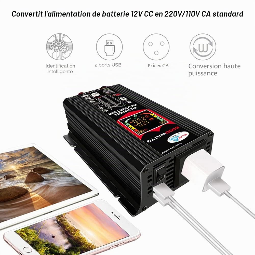 Onduleur 12 V 220 V 6000W Convertisseur de Transformateur avec 2 Ports USB 2,1 A pour Voiture Camion