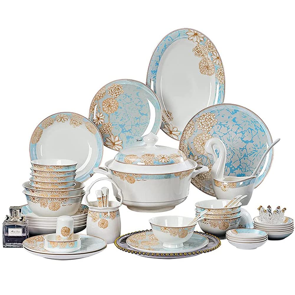 Set de Service de dîner de modèle Osmanthus, Porcelaine de Banquet Familial, 60 Ensembles de plaques, Soupe, Dessert, Bol