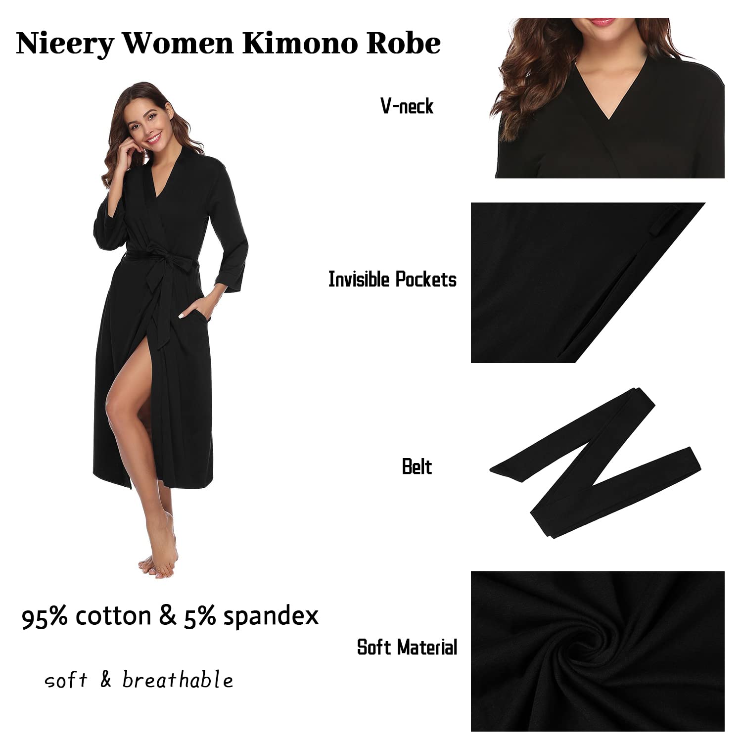 Nieery Vestaglie Donna Cotone Elegante Scollo a V Vestaglia Kimono Donna Lungo con Cintura e Tasca