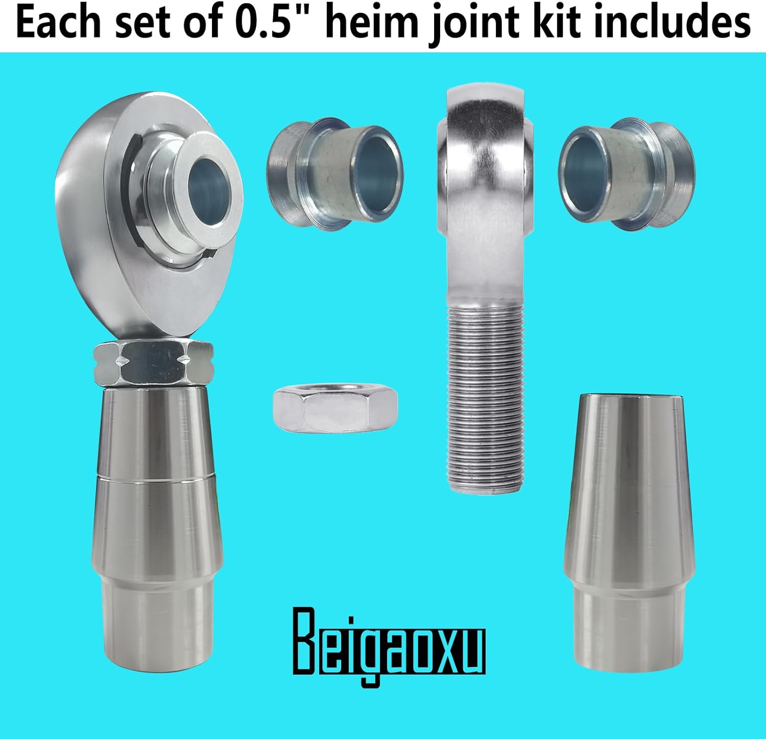 1/2” Heim Joint Rod End Kit, 500” Right and Left Hand Thread Chromoly Panhard Rod End Kit with Spacer, Jam Nut and Tube Adapters (2 Pair), Good for Steering, Suspension, Traction Bars