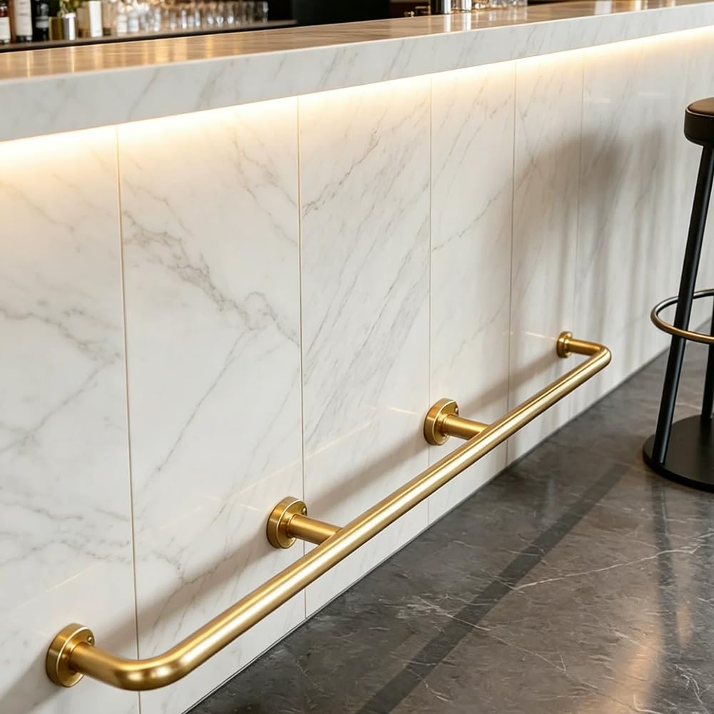 Hefjiayciq Gold Wall Mount Bar Foot Rail Kit, Stainless Steel Undercounter Combination Mount, For Kitchen Island/Dining Tables/Commercial Restaurants,,240Cm/7.8Ft