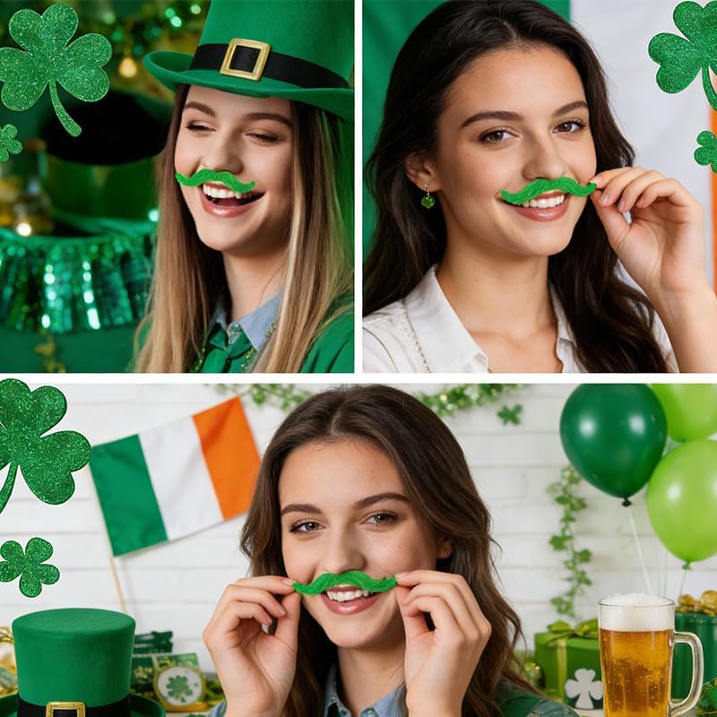24Pcs St. Patrick's Day Green Mustache,St. Patrick's Day Self-Adhesive Fake Mustaches Beard,Cosplay Costume Accessory for Irish St Patrick's Day Party Supplies