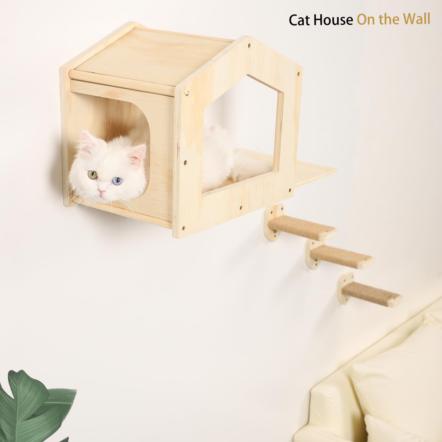 COOLEX Cat Shelves with 3 Steps Scratching Post and Hammock Bed - Wall Mounted Climbing Condo for Indoor Cats (Wood)