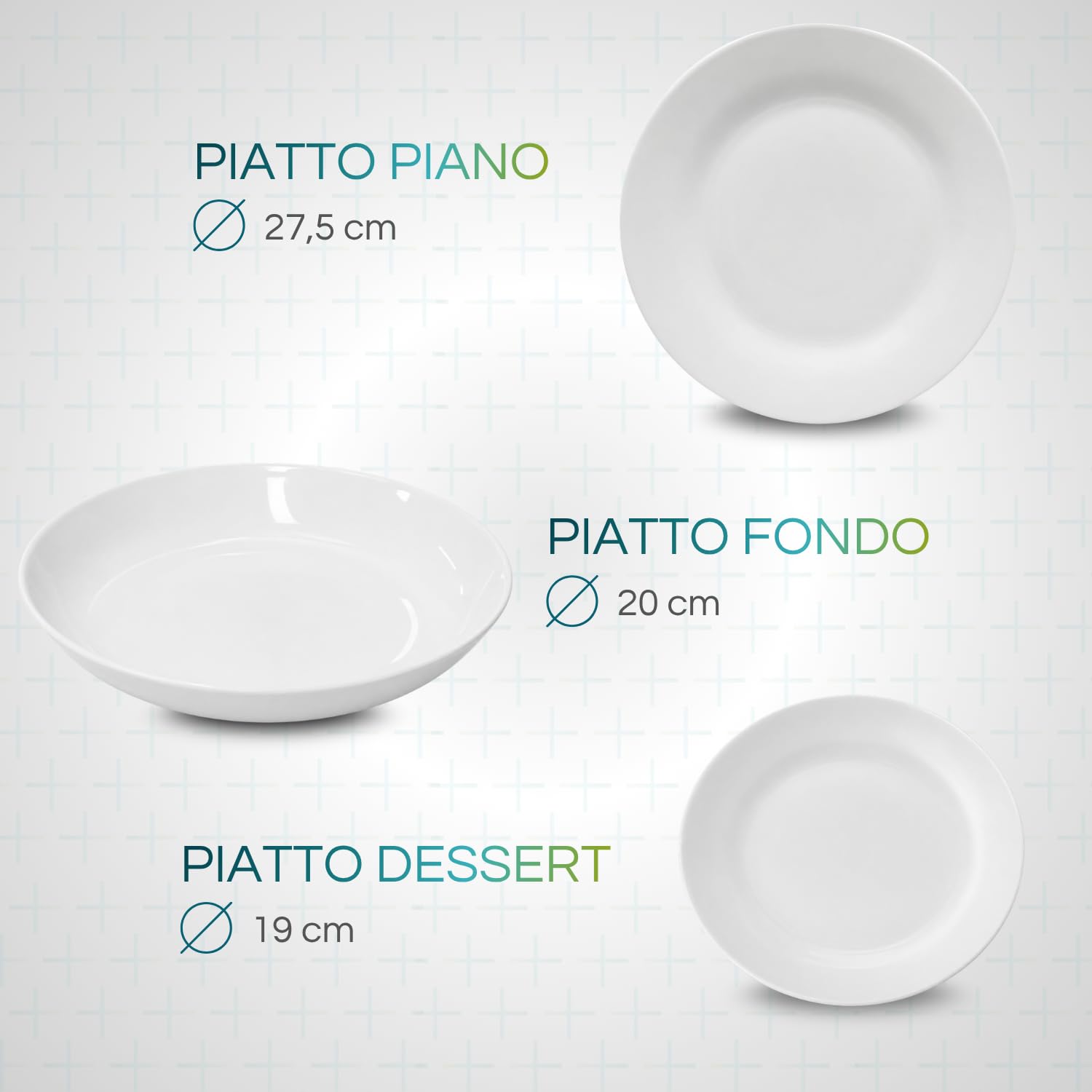 Virsus Servizio di Piatti ROTONDI per 6 Persone 7076, 18 Piatti in Porcellana color Bianco, Set composto da Piatto Fondo Diam.20,5cm, Piatto Piano Diam.24cm e Piattino Dessert Diam.19cm